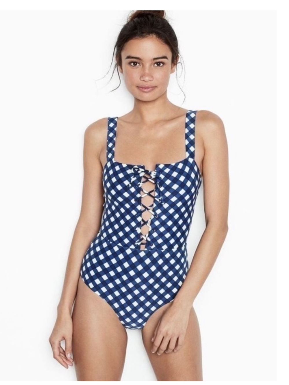 Onia Raquel One Piece Swim Gingham Blue Print NWOT